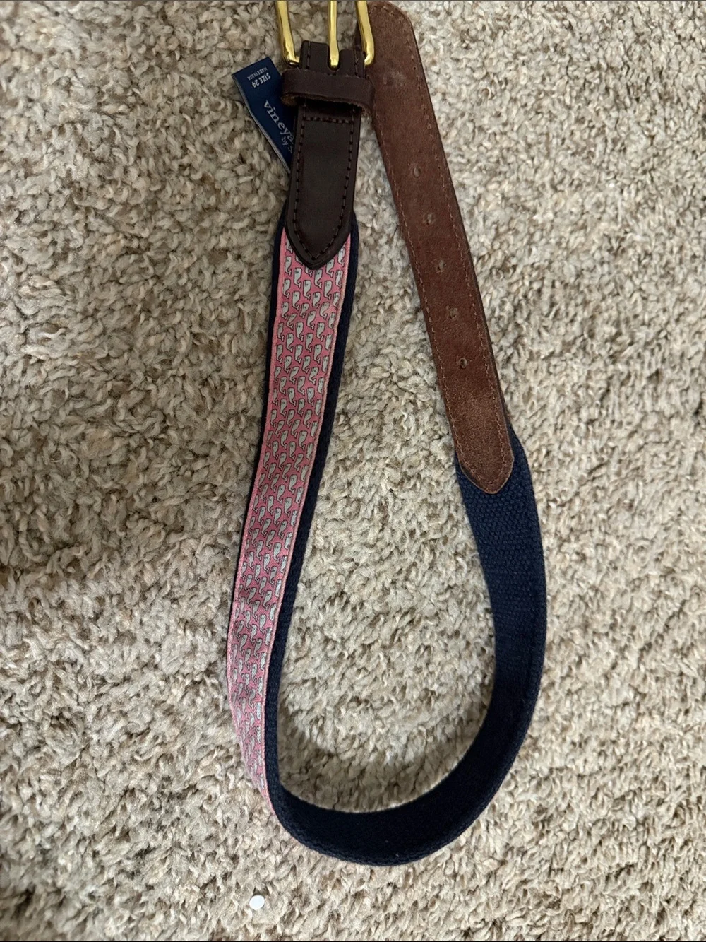 Vineyard Vines Pink Patterned Web Belt with Brown Leather Trim